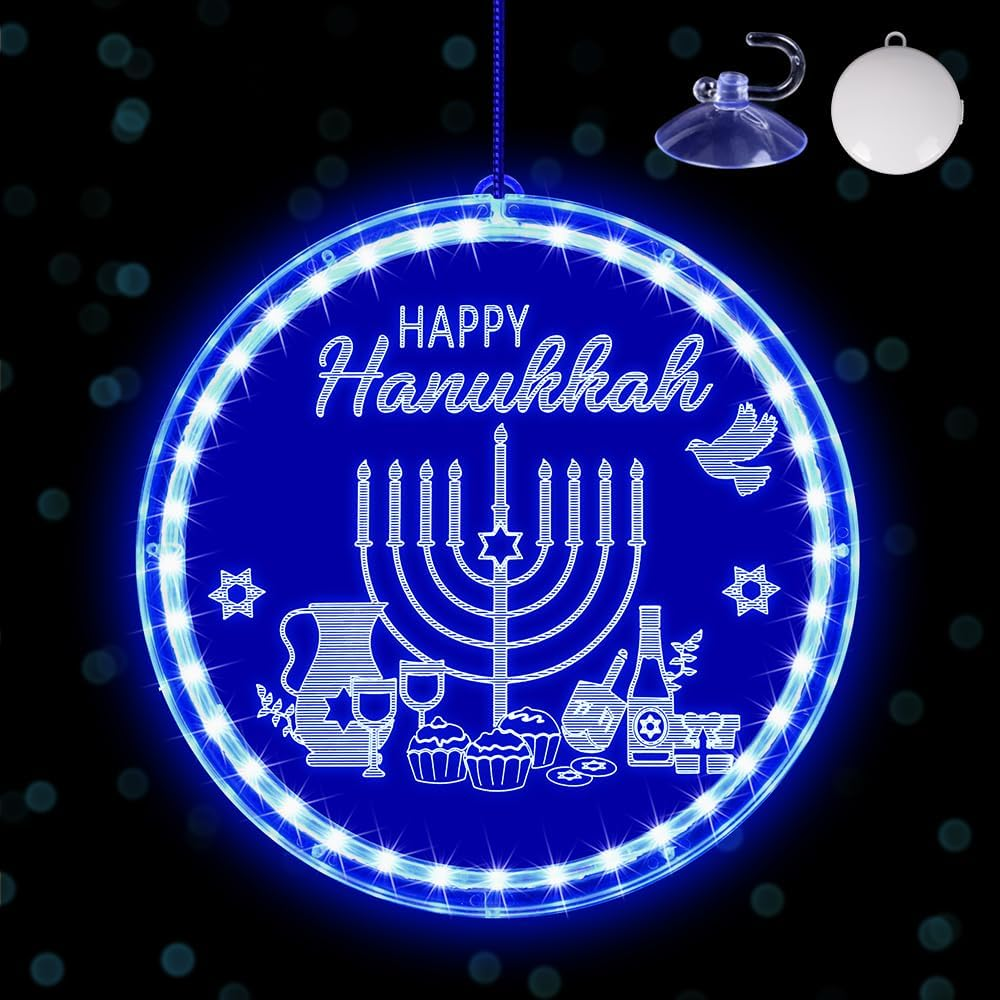 Hanukkah Decorations Blue Menorah Window Lights Battery Operated Chanukah LED Ha