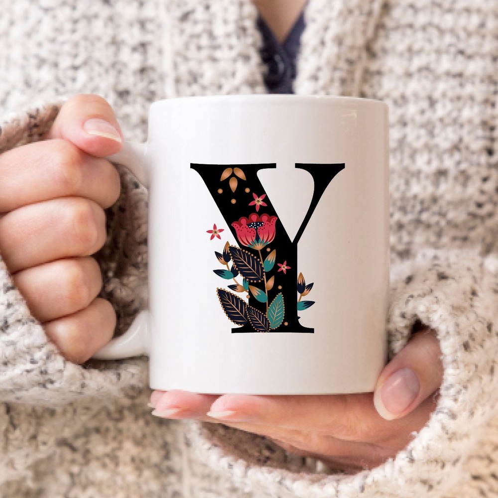 Monogram Initial Coffee Mug Letter Y Folk Art Coffee Cup For Christmas Birthday