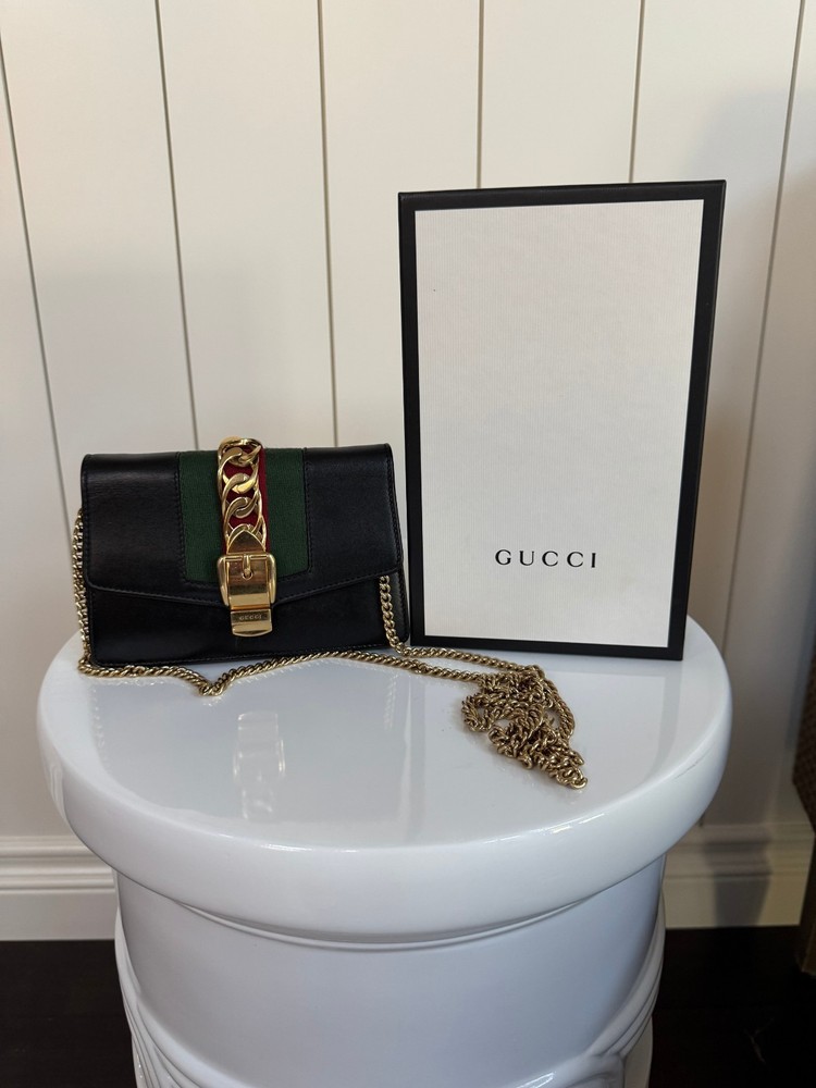 Gucci Sylvie Mini Bag Black with Gold Chain and Leather Strap