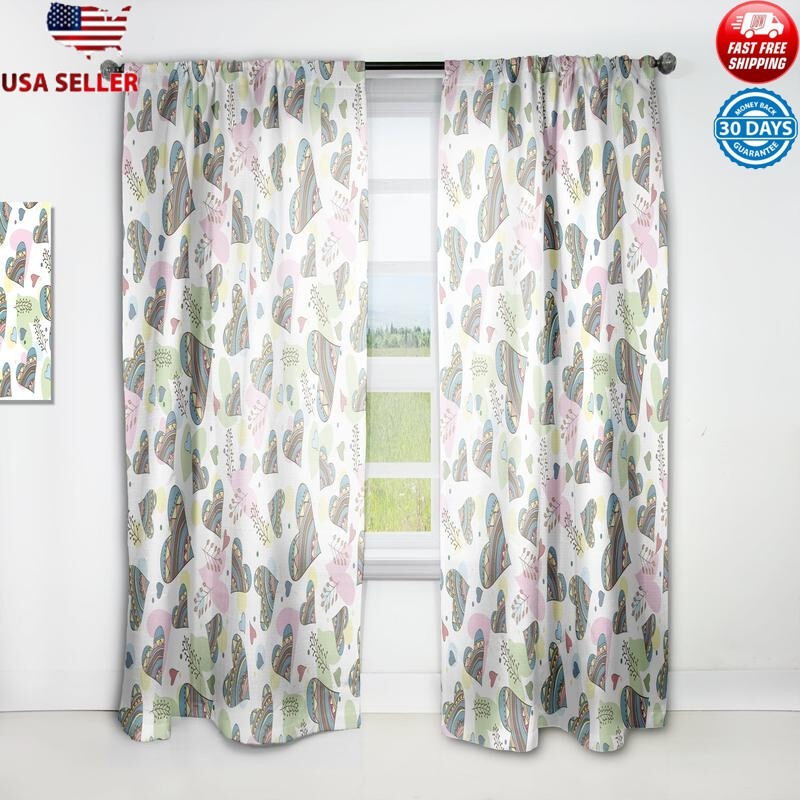 Modern Abstract Doodle Hearts Curtain Panel Machine Washable Light Filtering New