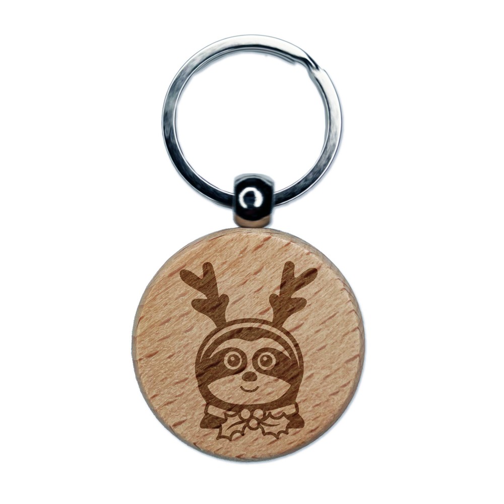 Sloth Reindeer Christmas Engraved Wood Round Keychain Tag Charm