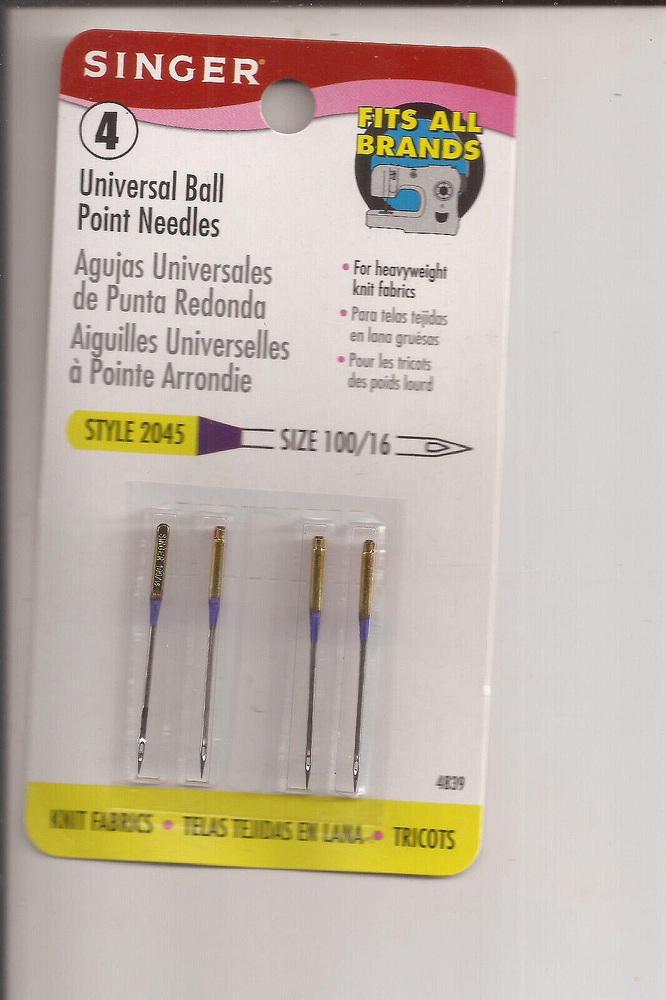 Singer Sewing Machine Needles Ball Point 100/16 Style 2045 Universal Pkg of 4
