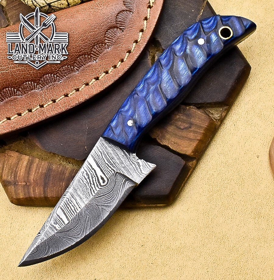 3 Inch Damascus Steel Hunting Skinner Knife with Blue Pakka Wood Handle