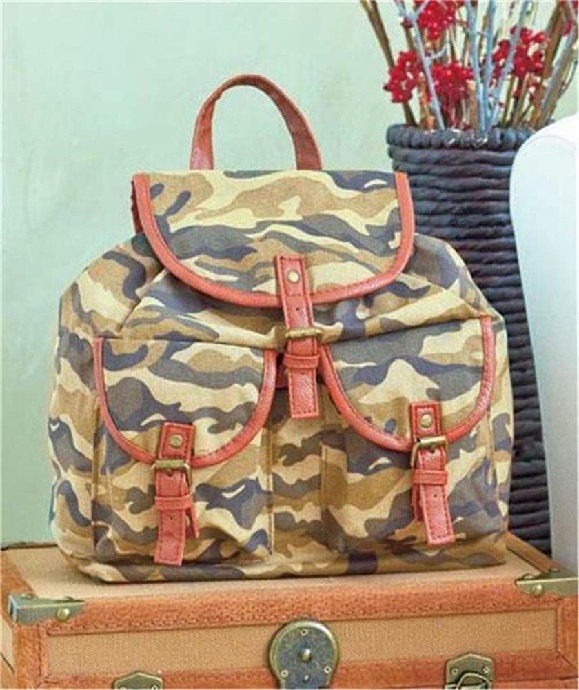 Trendy Camo Print Canvas Backpack for School Girls-image
