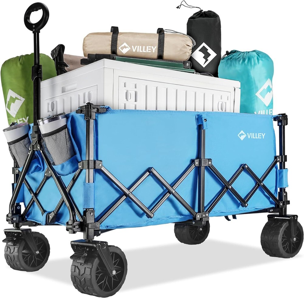 VILLEY Extended Collapsible Foldable Wagon with 330LBS Weight Capacity, Blue