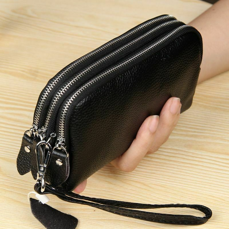 3-Layer Genuine Leather Zipper Wallet with Wristlet for Phone Coins Cards  