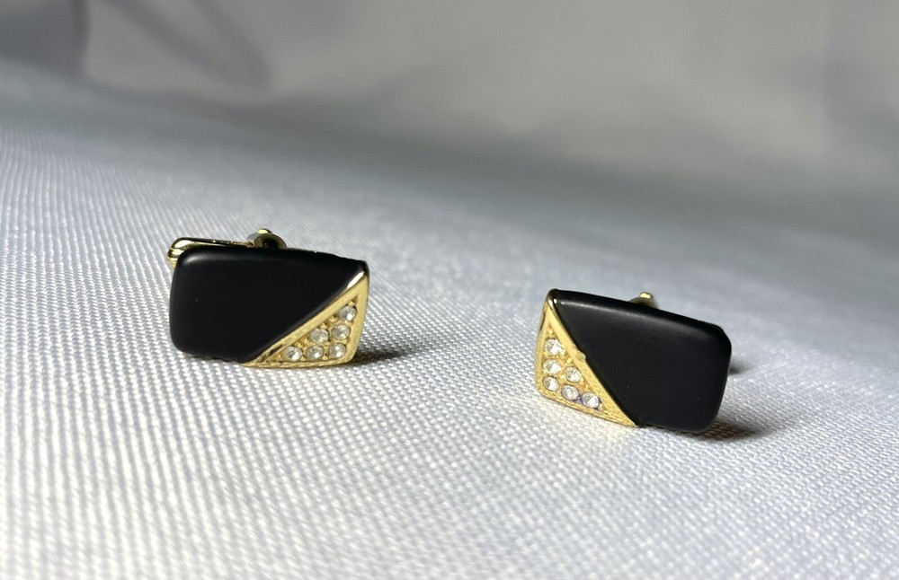 Vintage Dior Black Stone Rhinestone Gold Square Cufflinks Rare Auth