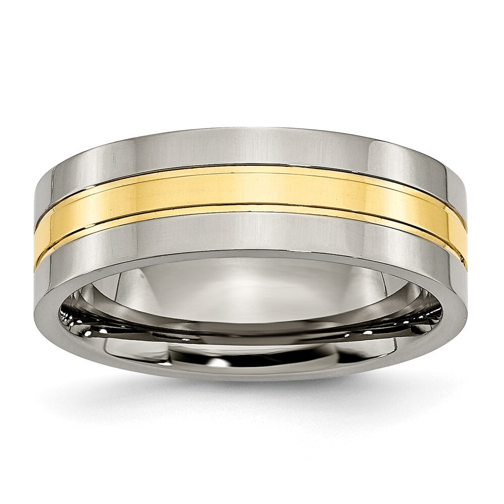 Titanium Polished Yellow IP-plated 7mm Grooved Band Ring Size 8