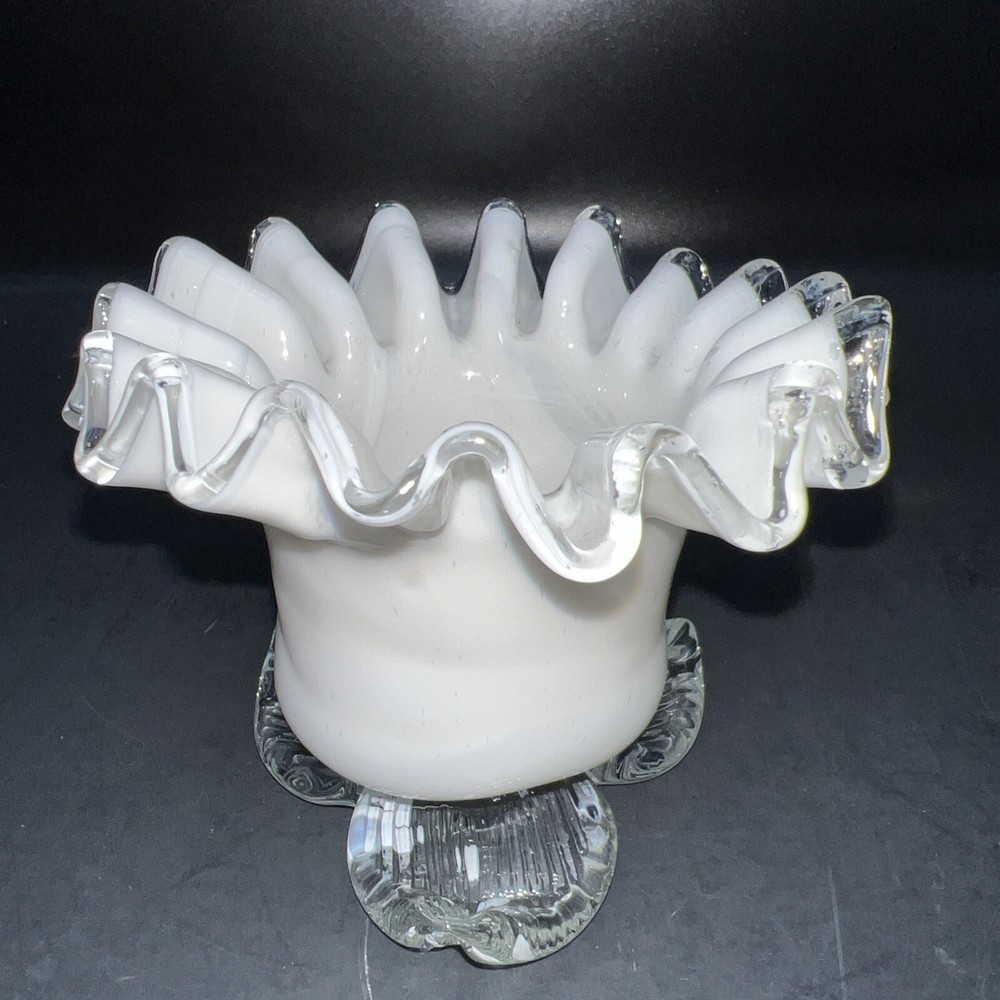 Hand-Blown Art Glass Flower Shaped White Swirl  Silver Crested  Tea Light Holder