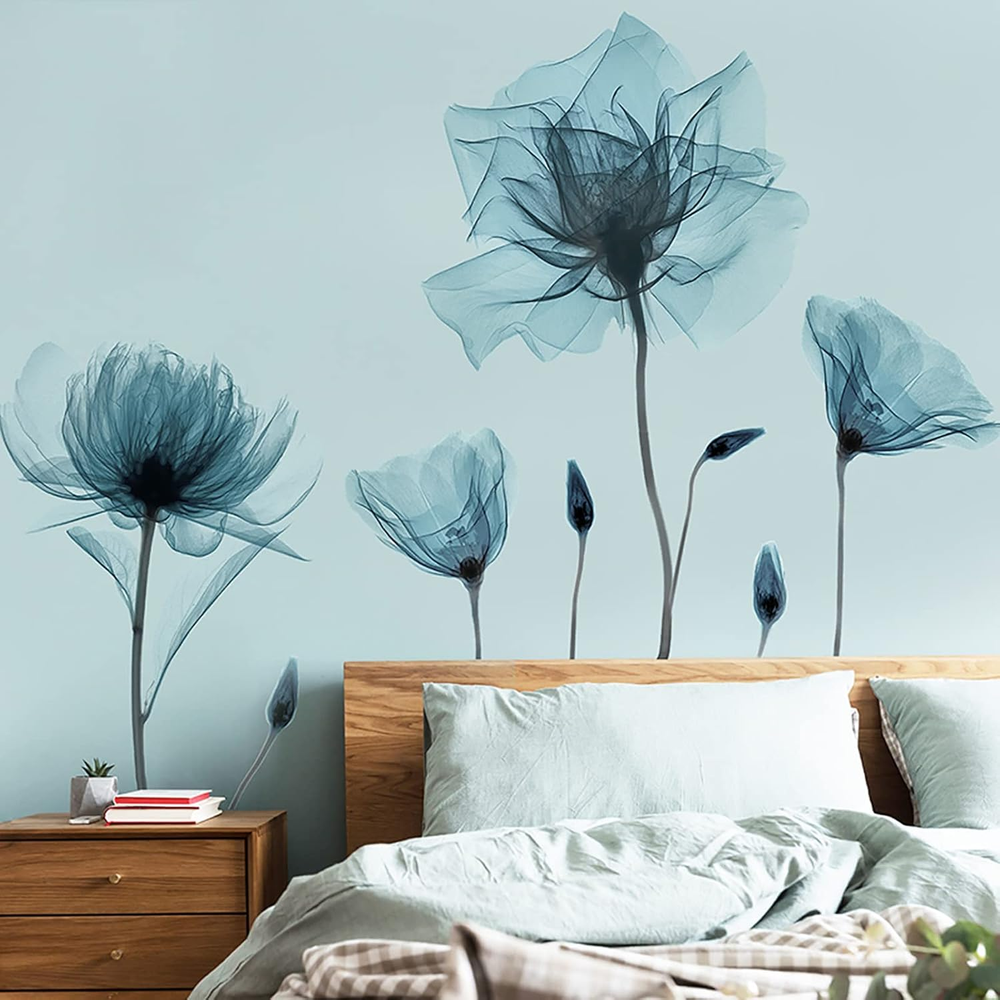 Blue Flower Wall Decals Wall Stickers Peel and Stick Removable Decal Stick DIY W