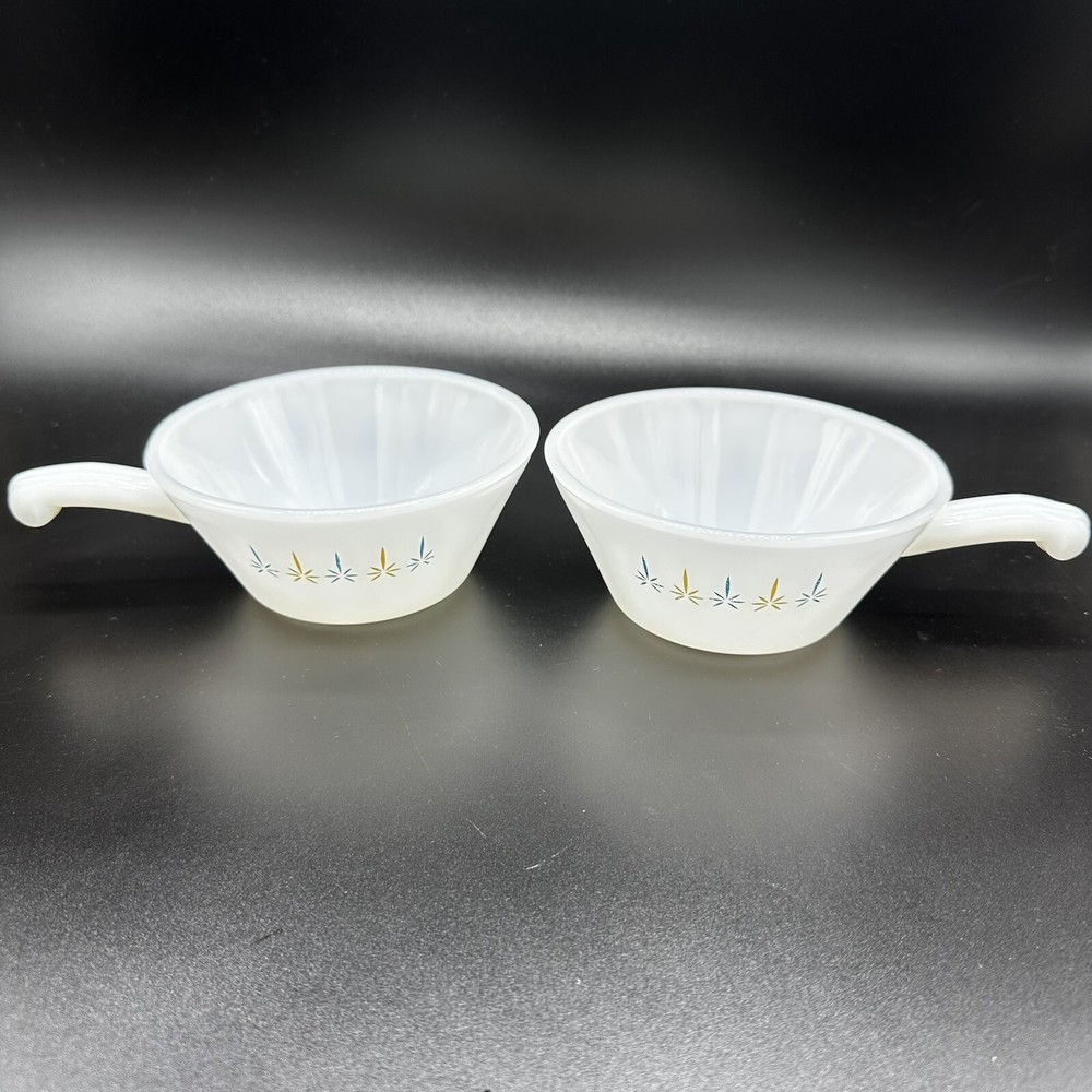 Vintage Anchor Hocking Fire-King Atomic Candle Glow Soup Bowls with Handles Mid-Century Kitschy