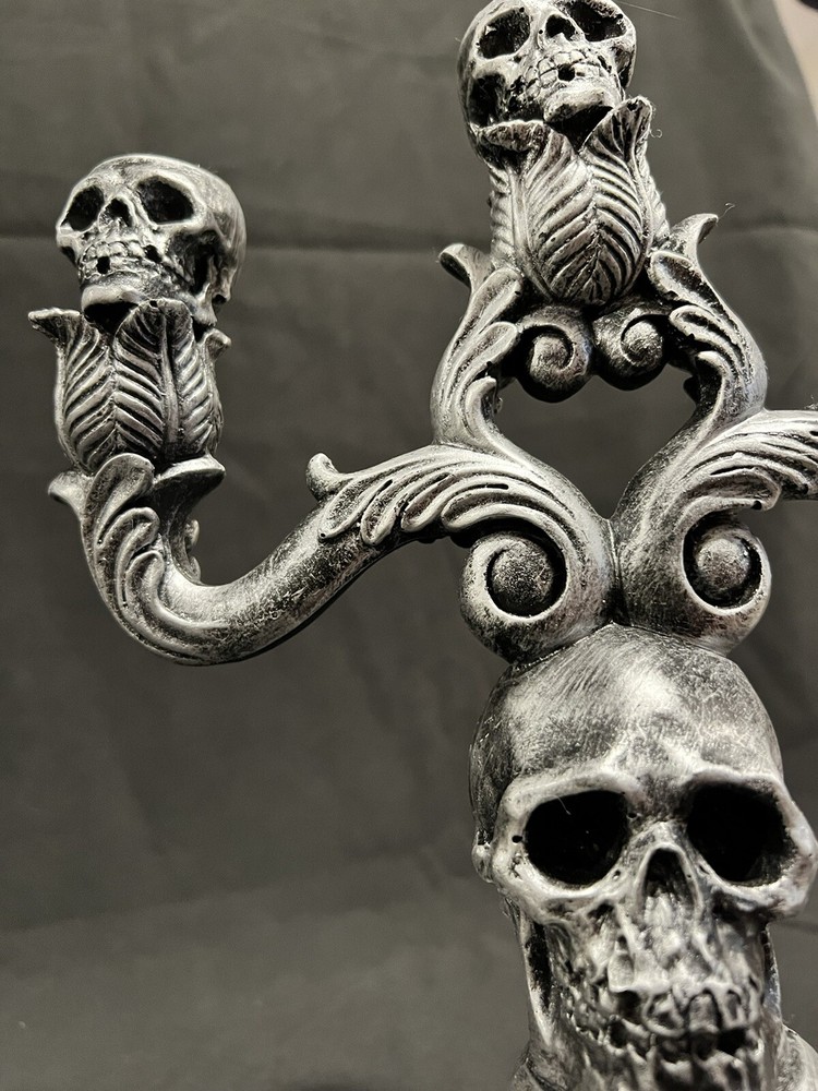 Skull Macabre Candelabra Martha Stewart Gothic Aged Silver Taper Candle Holder