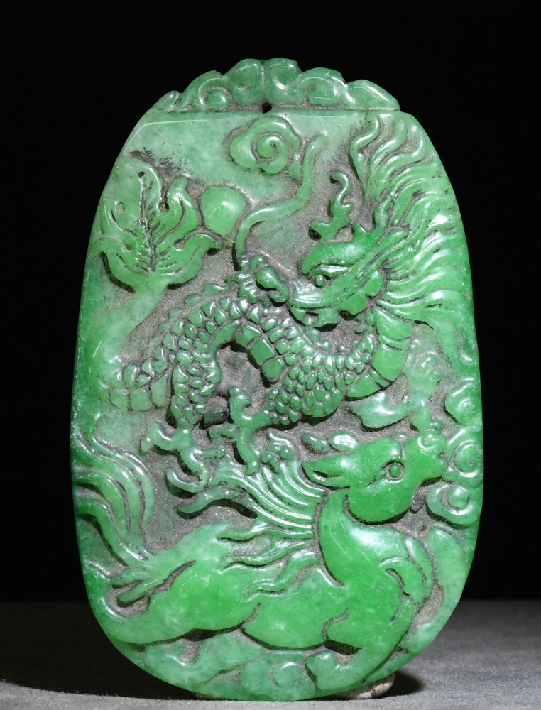 10CM China Hongshan Culture Hetian Green Jade Dragon Phoenix Amulet Pendant