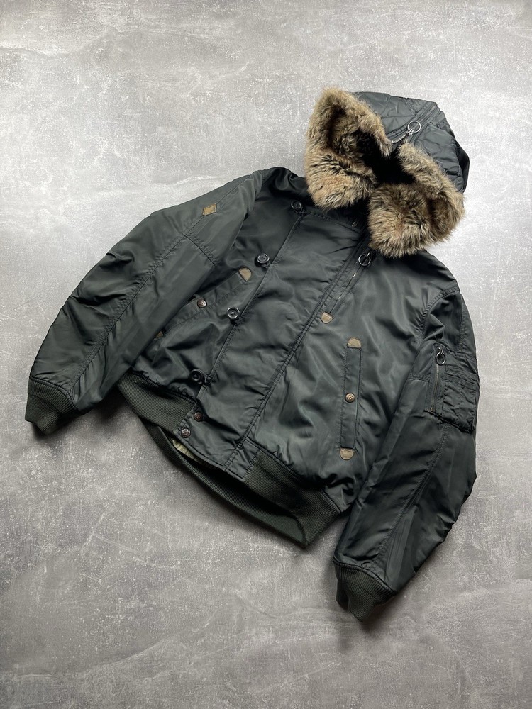 Diesel Archives Y2K Runway Fur Trim Olive Green N2B Hooded Bomber Jacket Sz M