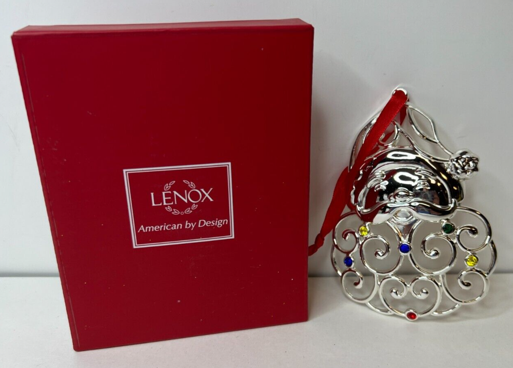 Lenox Sparkle & Scroll Silverplate Multi Crystal Santa Christmas Ornament