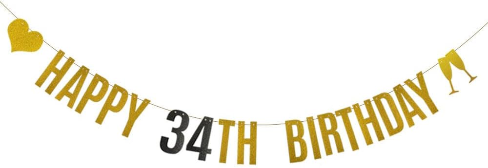 HAPPY 34TH BIRTHDAY Banner, Pre-Strung, Gold and Black Glitter Paper Banner for