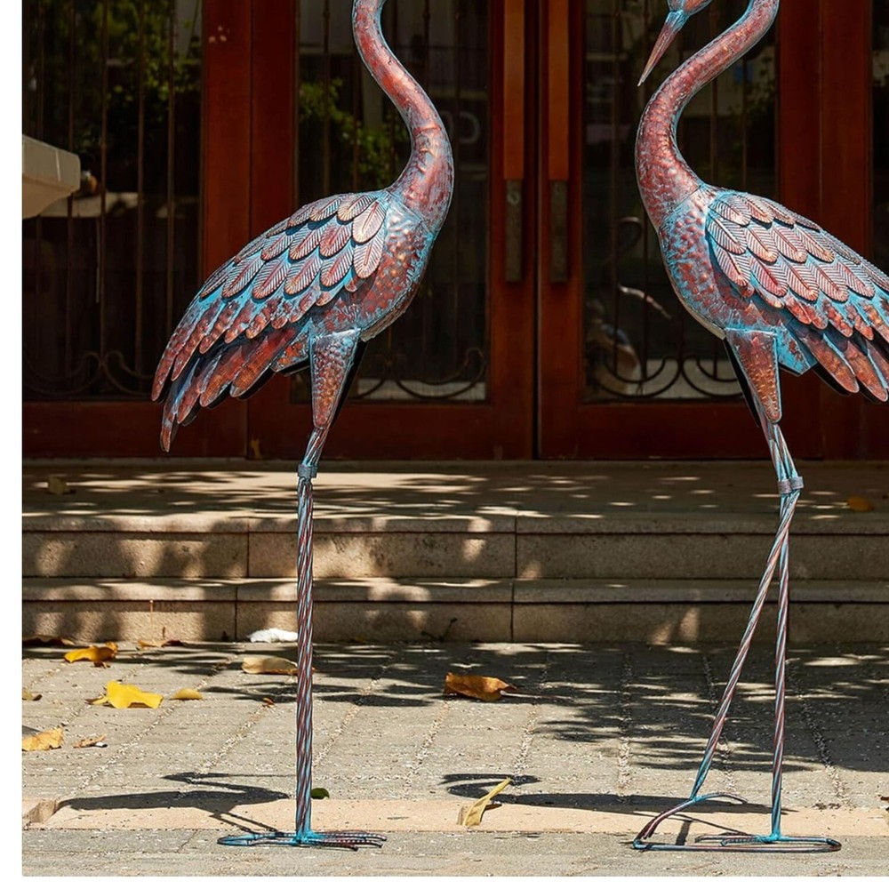 Elegant 47-48 Inch Patina Metal Crane Statues for Garden Decor