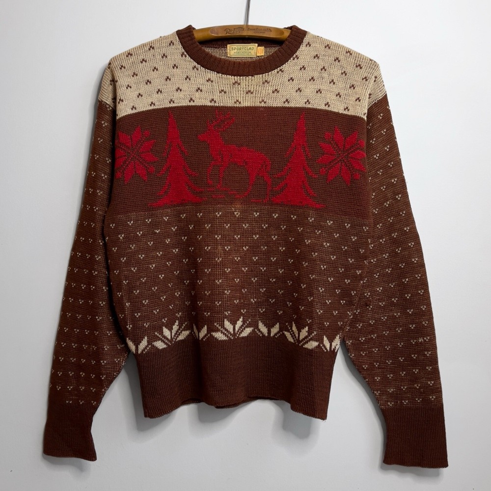 Vintage 1940s JCPenney Wool Reindeer Print Holiday Knit Sweater