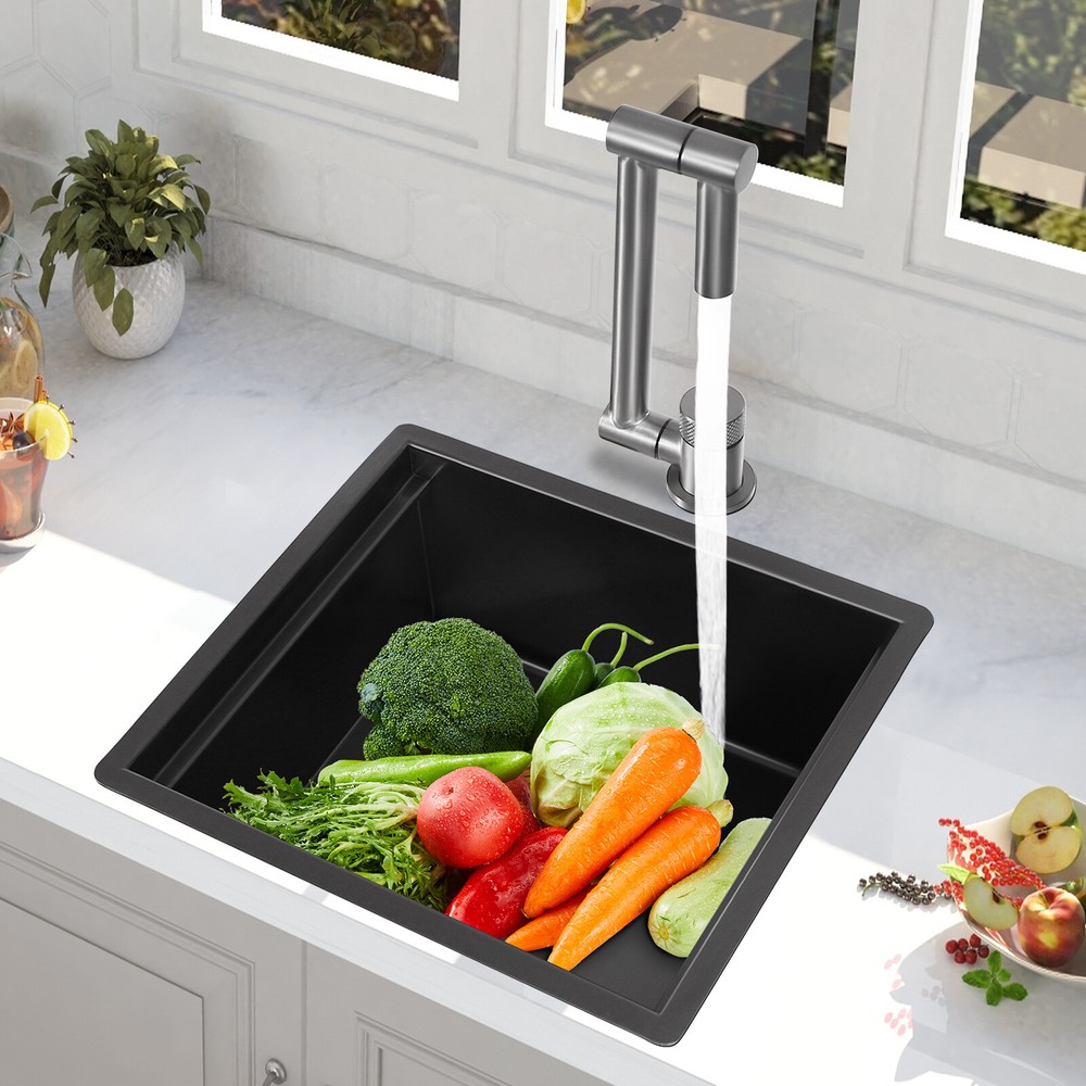 Black 304 Stainless Steel Kitchen Sink with Foldable Rotatable Faucet