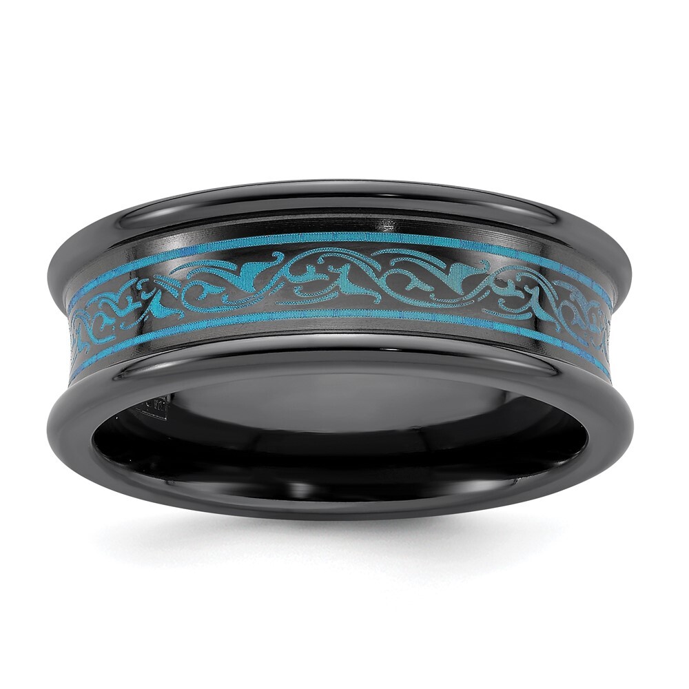 Black Titanium Teal Anodized with Laser Pattern 8mm Concave Band Ring Size 8