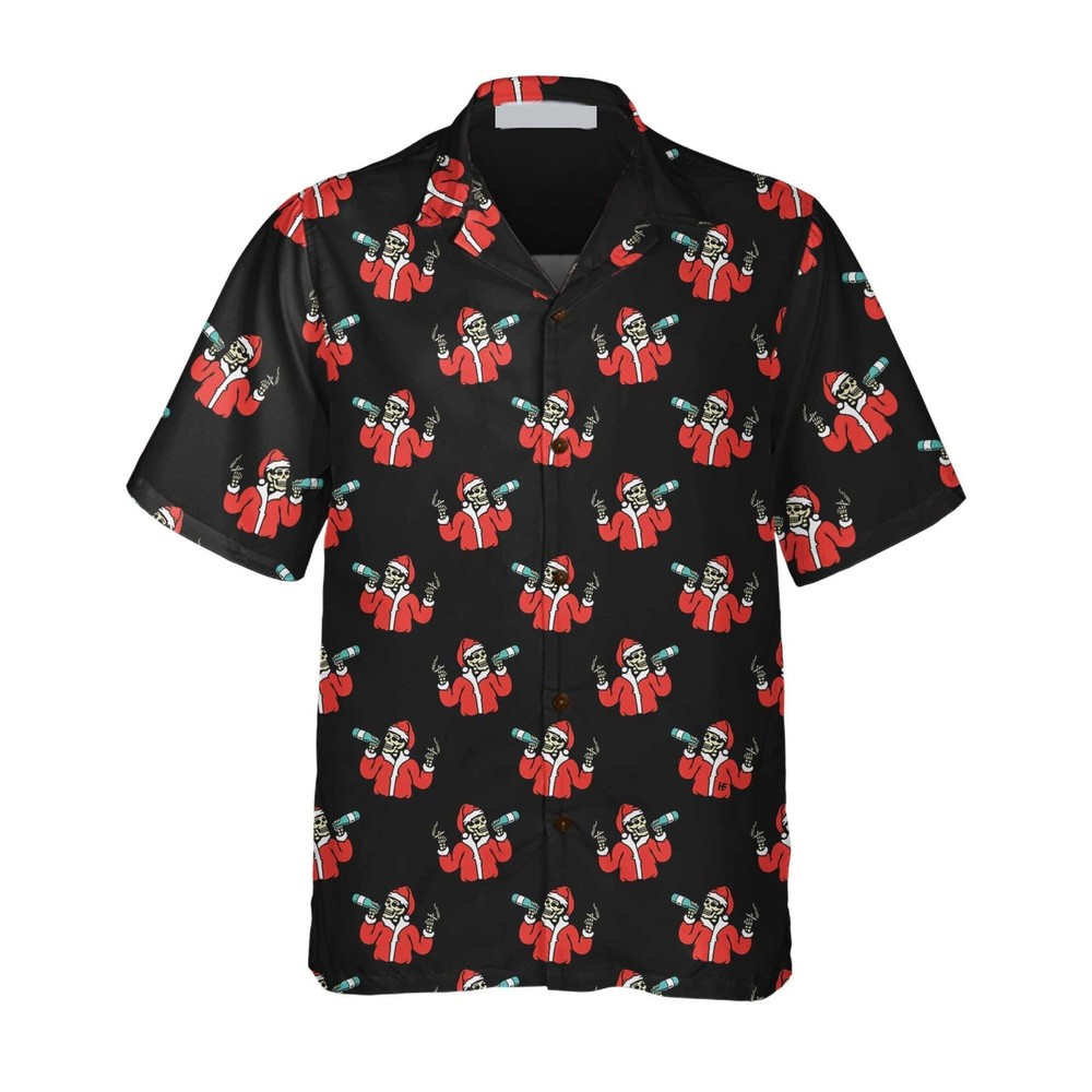 Skeleton Drinking In Santa Costume Hawaiian Shirt   Gift For Christmas