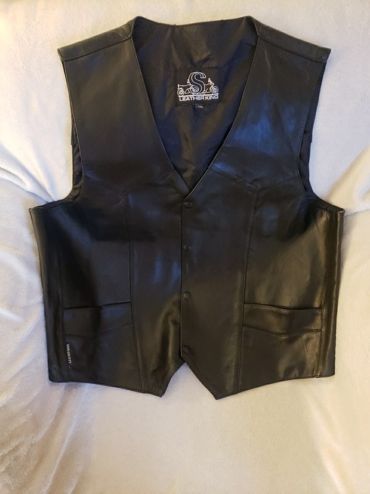Leather King Black Snap Front Leather Western Biker Vest Men's Size 50  EUC