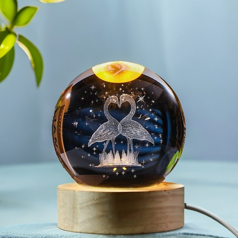 3D Flamingo Crystal Ball Night Light with Wooden Base - Kids Gift Healing Decor