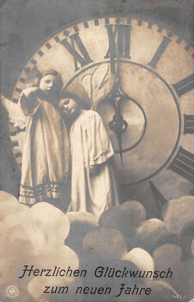 New Years Greeting Angels Clock Real Photo Antique Postcard K71958-image