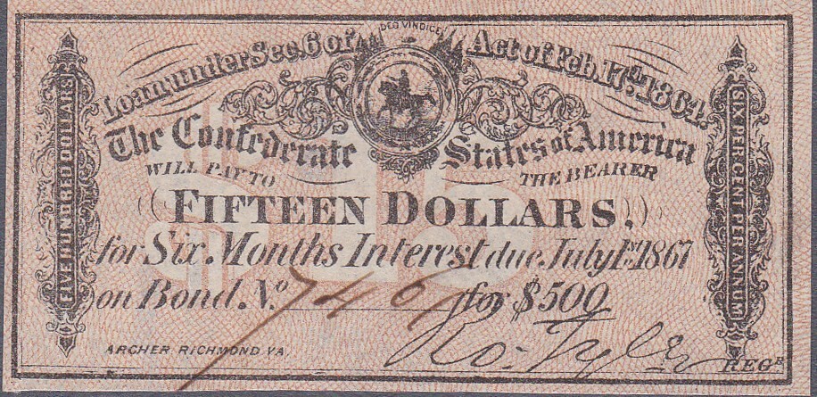 Confederate Fifteen Dollar Bond Coupon-image