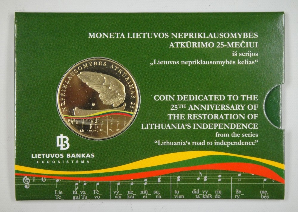 Lithuania Coin 5 Euro 2015 UNC, 25 Years of Independence, An Original Card