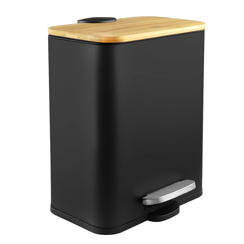 Small Trash Can with Bamboo Lid Soft Close and Foot Pedal, 1.3Gal/5L Rectangular
