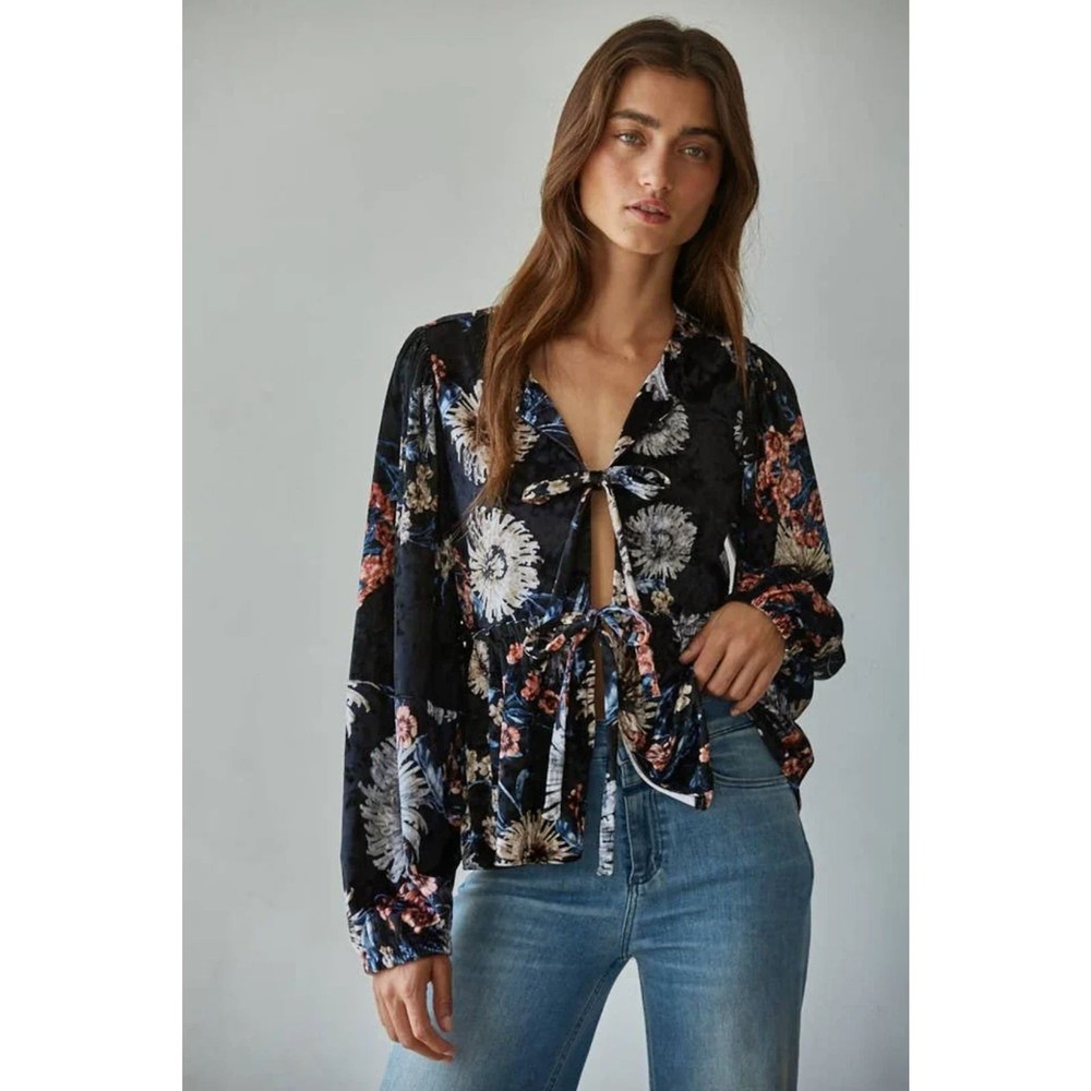 By Together Velvet Floral Print Made In USA Tie Front Blouse Jacket Size S