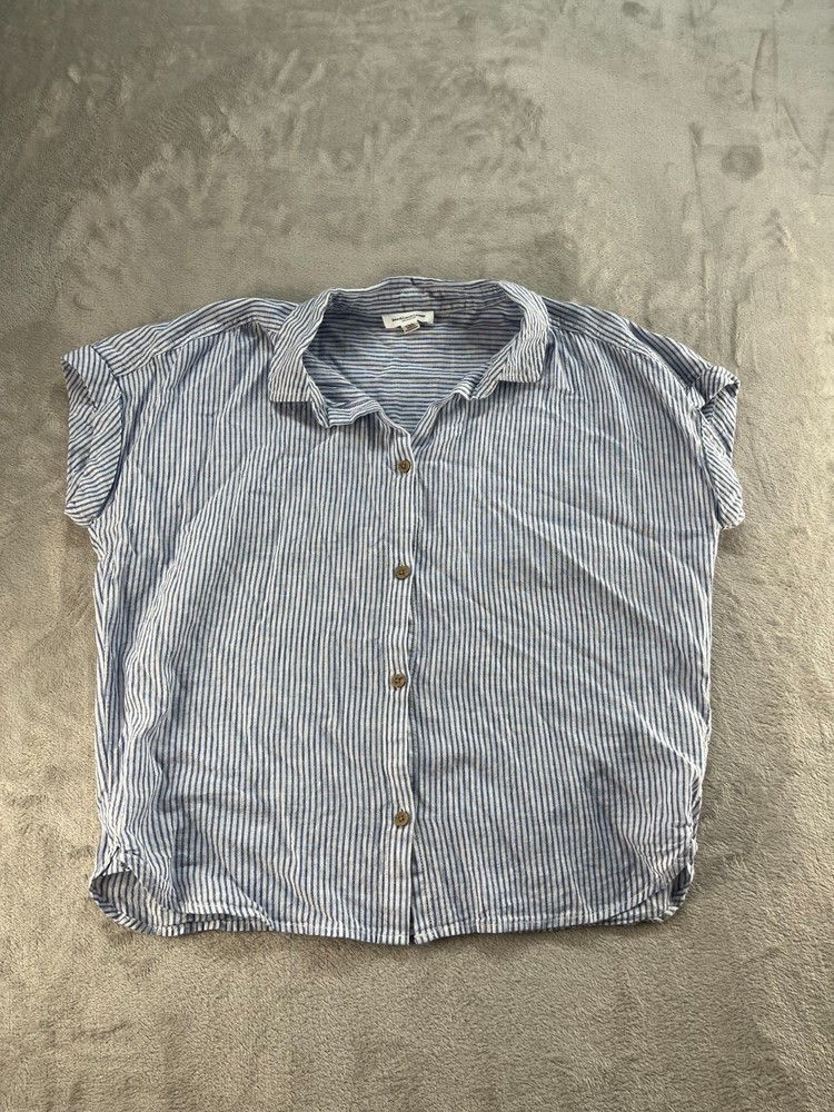 Beach Lunch Lounge Shirt Women Medium Striped Button Up Collared Nautical