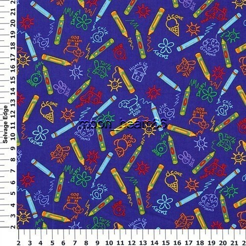 BTY Back To School - Crayons and Art on Blue Cotton Fabric By The Yard-image