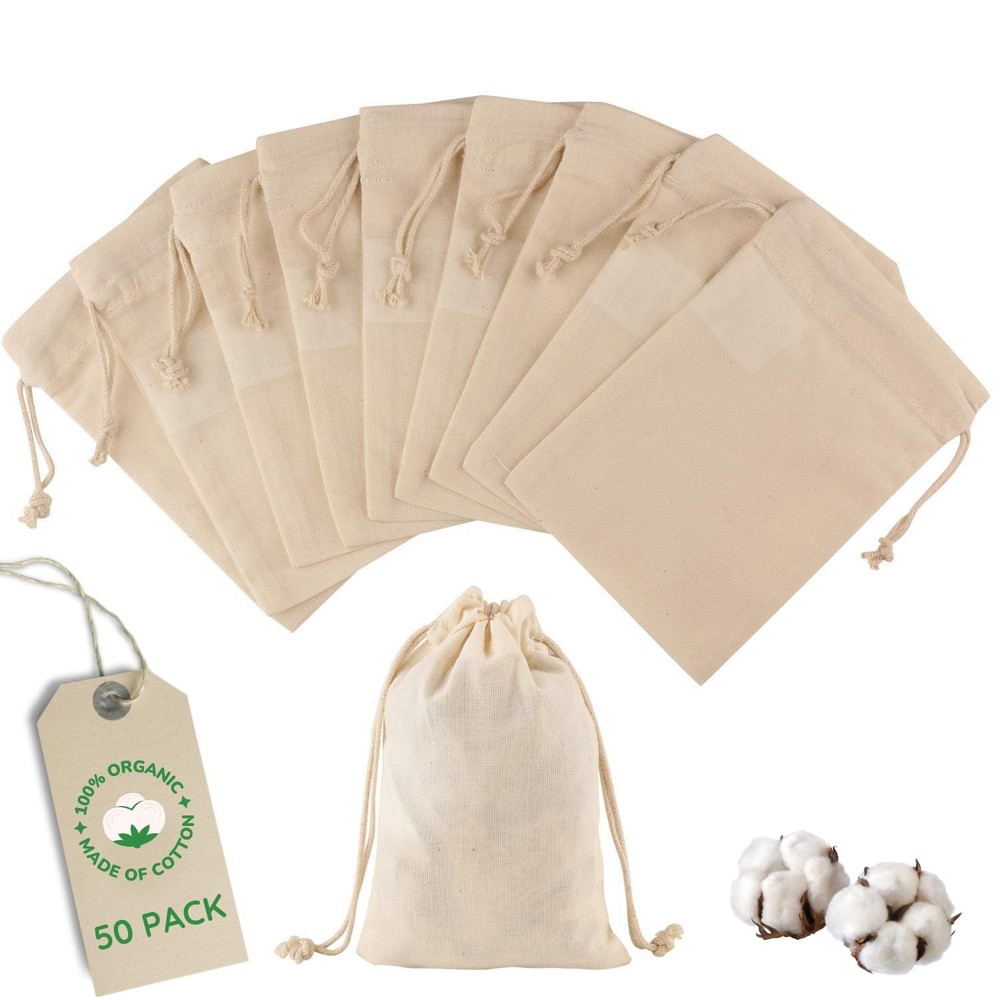 50 Organic Cotton Muslin Bags 4x6 Inch for Crafts & Gifts