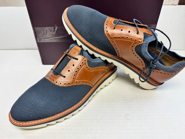 Johnston & Murphy Braydon Knit Saddle Shoe, Navy Knit/Tan Full Grain, 10 M