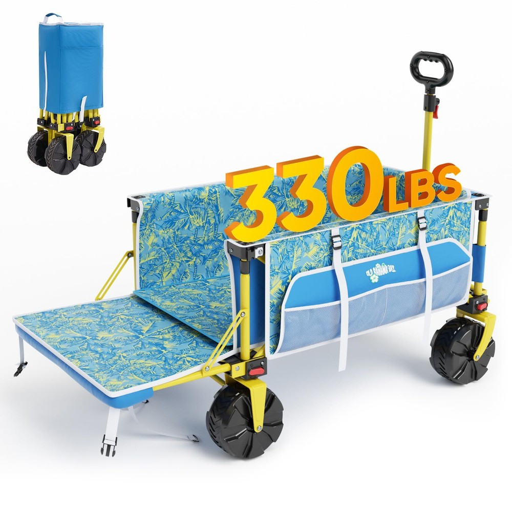 Beach Wagon with Big Wheels for Sand, Heavy Duty 330 LBS Collapsible Beach Ca...