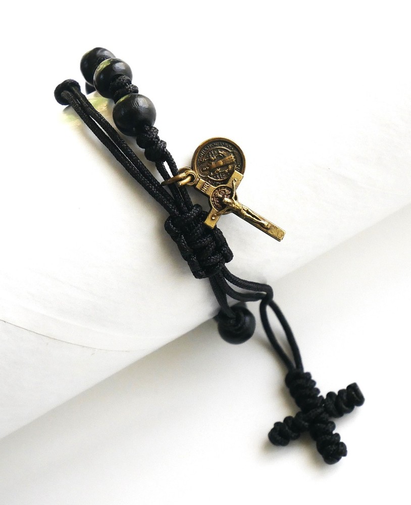 Black Cord Rosary Bracelet with Bronze Dangle Charms  