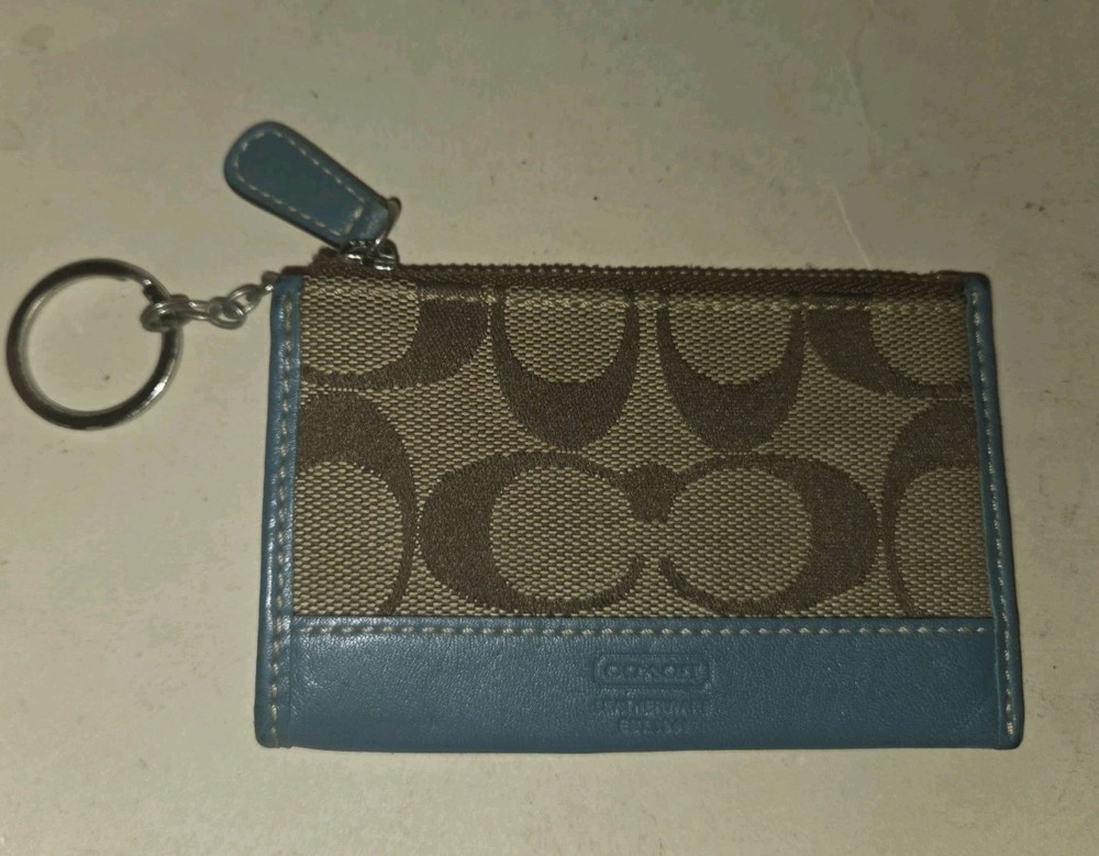 Coach Signature Card Holder in Tan & Blue with Keychain - Compact Wallet for Women  