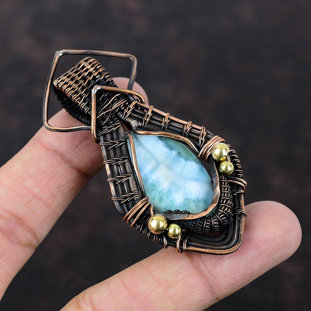 Larimar Gemstone Copper Wire Wrapped Pendant for Mother’s Day Gift-image