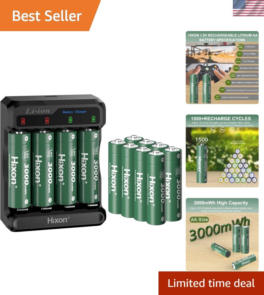 1.5V Lithium Batteries AA Rechargeable,12-Pack 3000mWh High-Capacity Long-Las...