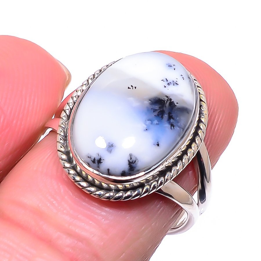 Natural Dendrite Opal Gemstone Handmade 925 Solid Sterling Silver Ring S.8