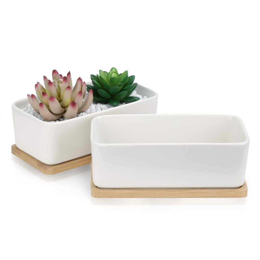 2 Pack Succulent Plant Pots 6 Inch Rectangular Ceramic Planters, Set of 2 Whi...