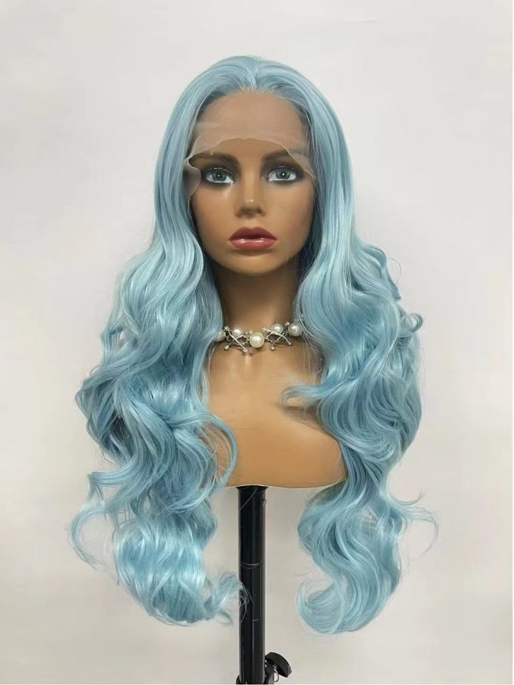 Long Blue Curly Wave Lace Front Wig Synthentic Heat Safe Pre Plucked Gluless Wig