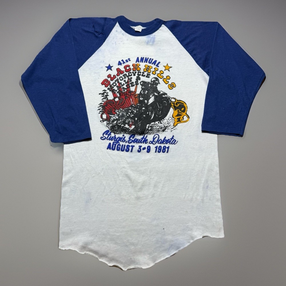 Vintage 80s 1981 Sturgis Motorcycle Rally Raglan T-Shirt South Dakota Size Large