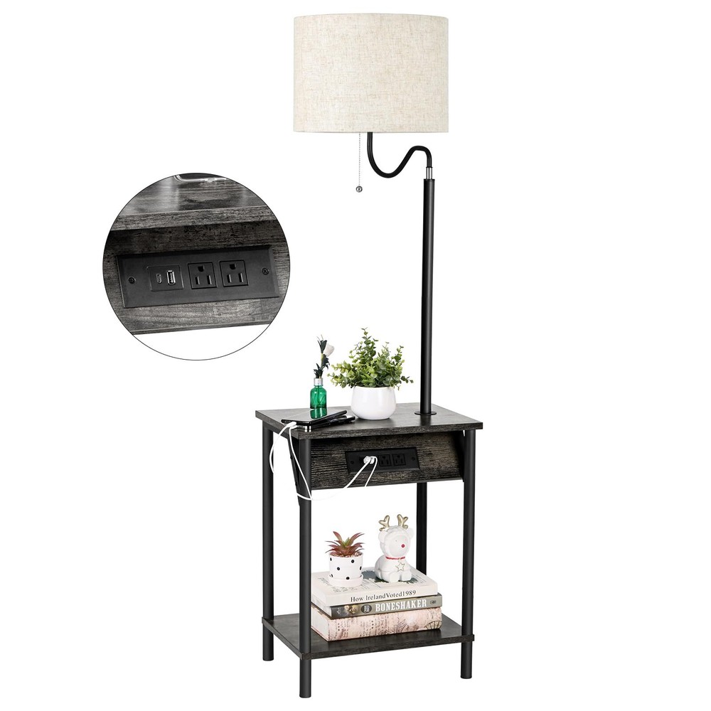 Floor Lamp with Table, End Table with Charging Station USB Ports & Outlets, B...