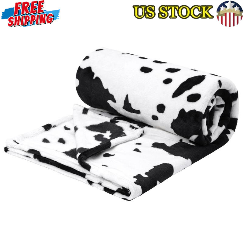 Cow Printed Flannel Blanket Soft Warm Microfiber Cozy Throw Travel Sofa Black