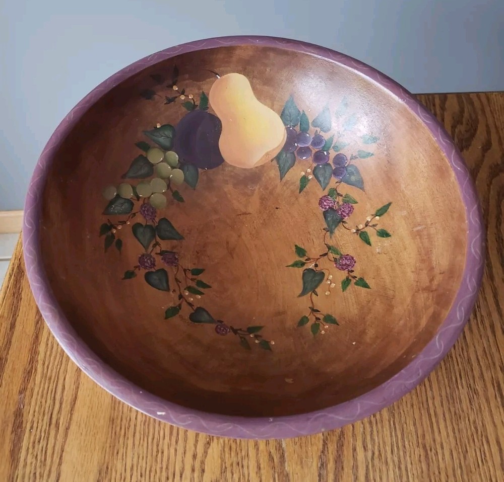 Vintage Antique Large Hand Painted Turned Wooden Fruit Bowl