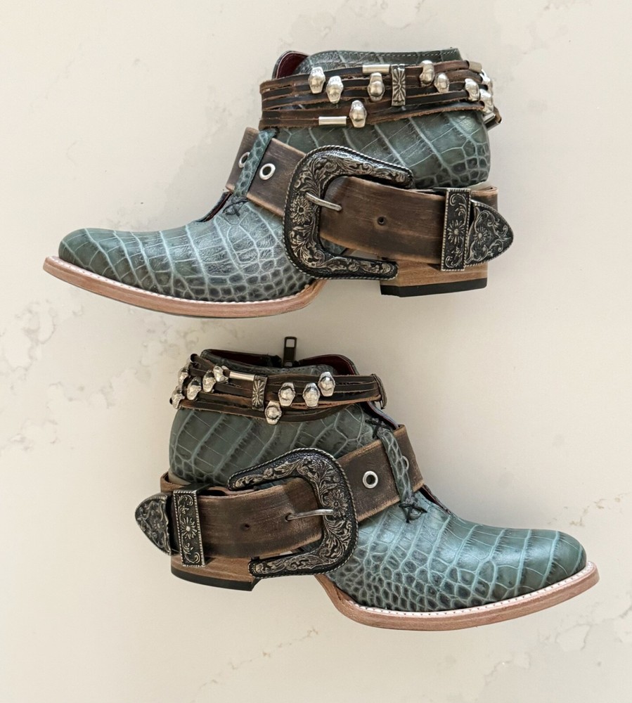 New Freebird Saloon Teal Leather Croc Buckle Western Boots Women's US Size 7