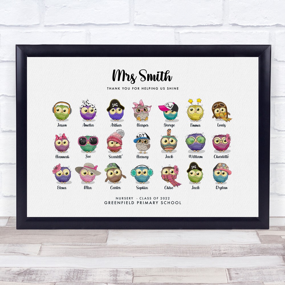 Cute Owls Class Thank You Teacher Name School Personalised Gift Print
